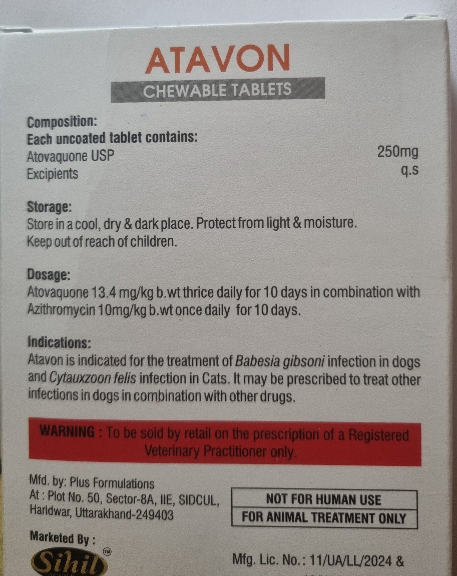 Sihil Pharma Atavon 250 mg Tablets for Dogs & Cats (10 Tabs) - Veterinary Formula - Image 2