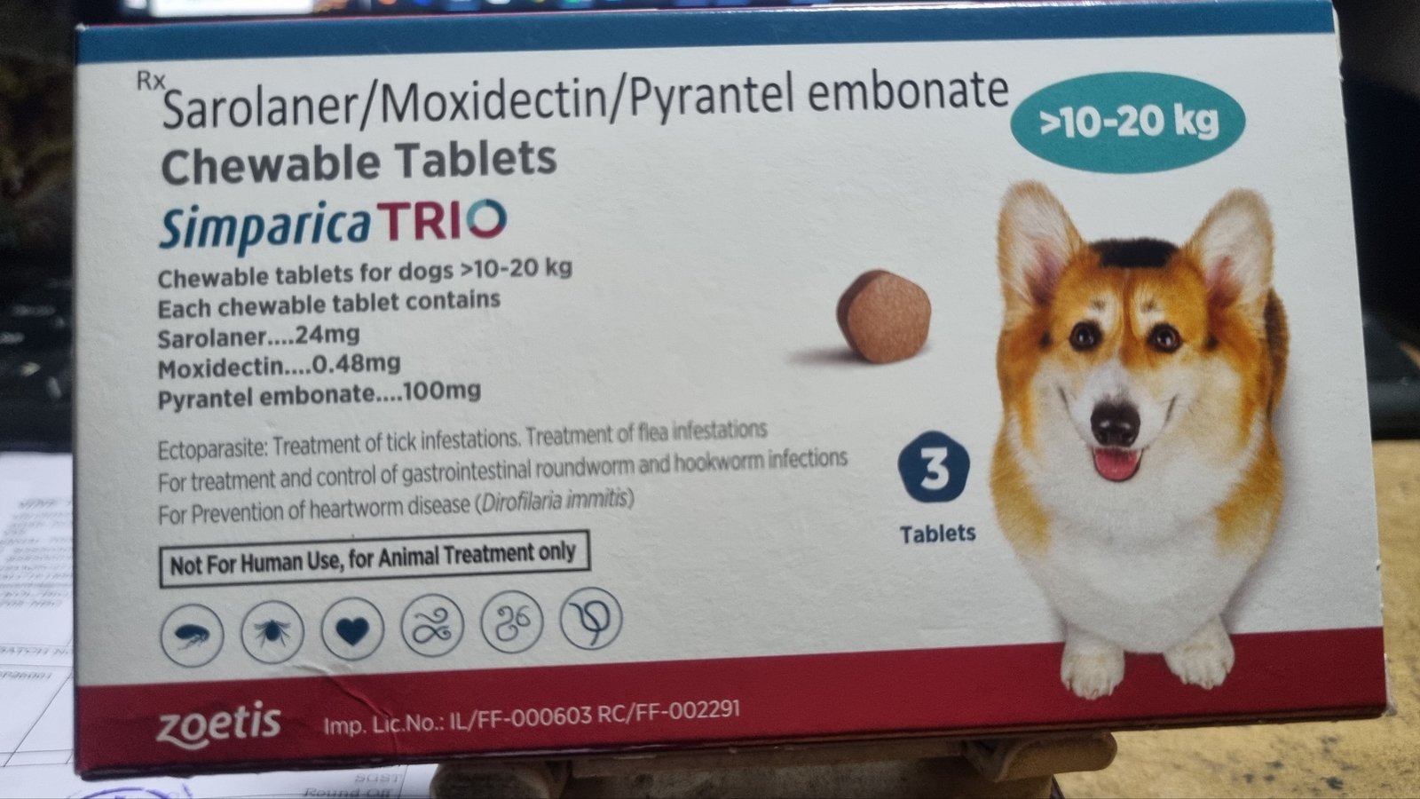 Zoetis Simparica Trio for Dogs (3 Chewable Tablets) for 10.1 to 20 kg Dogs | RKD Pet Shop