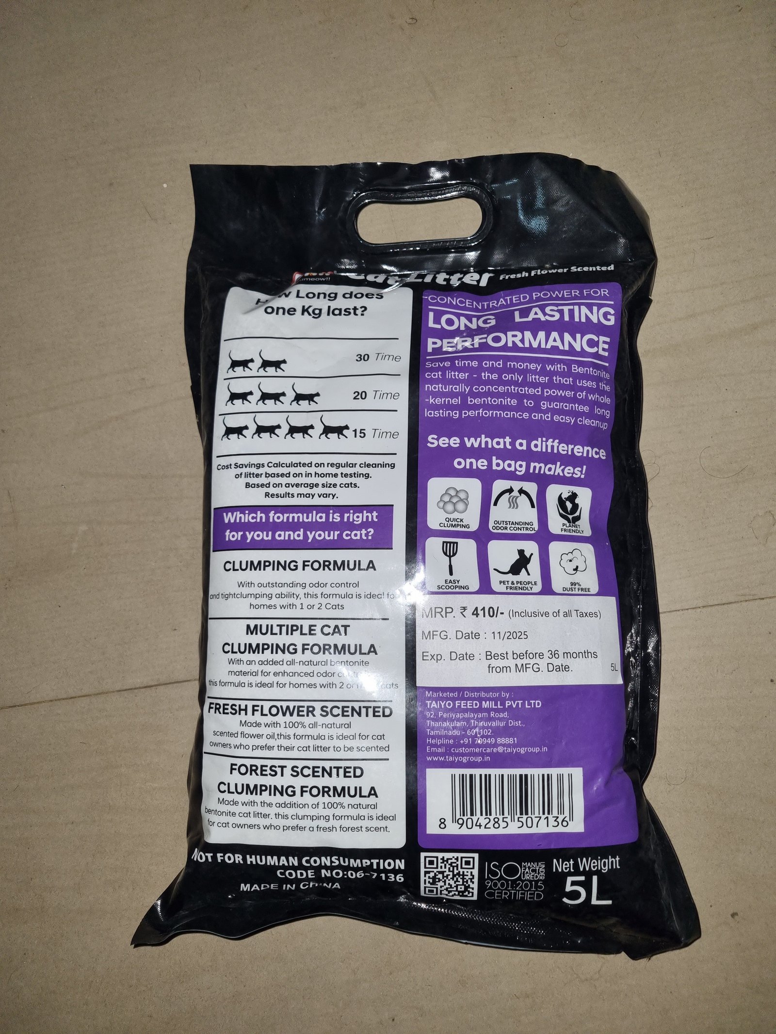 Taiyo Billi Cat Litter (5L / 4.2kg) Lavender Scented | Natural Odor Control - Image 2