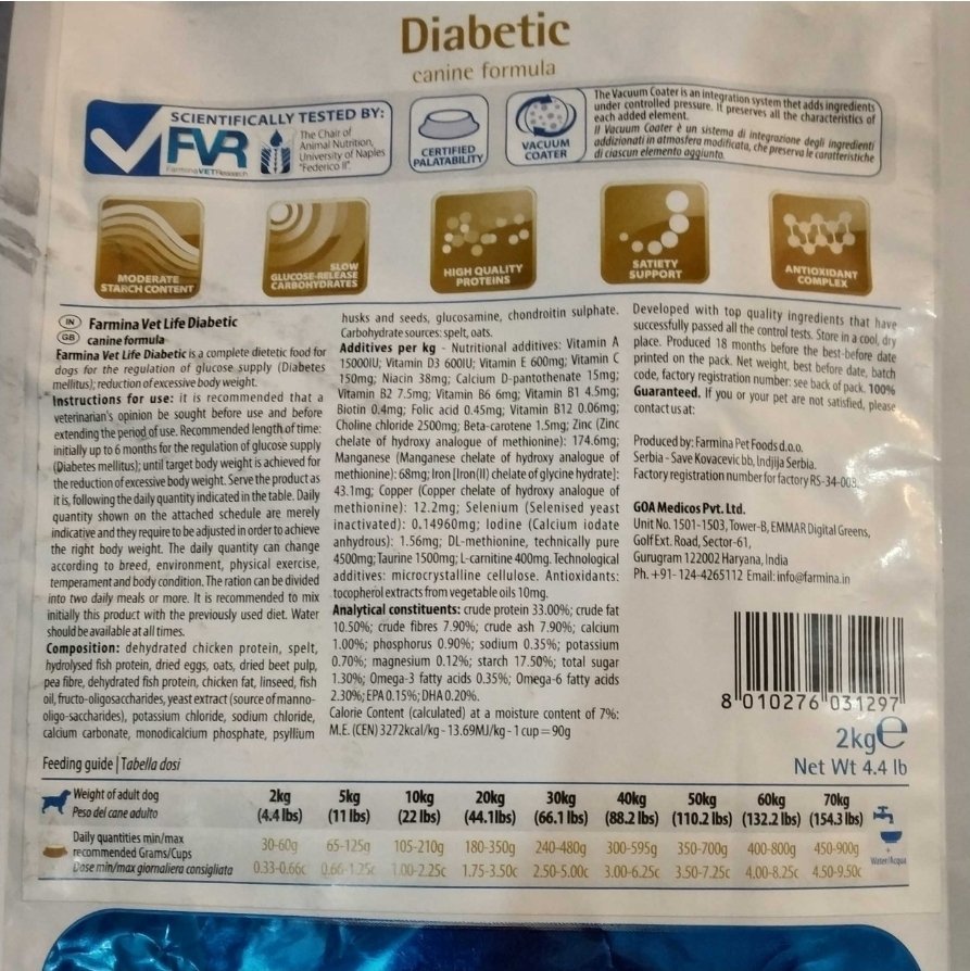 Farmina Vet Life Dog Diabetic Diet 2kg - Image 2